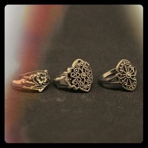Flower Antique-style 3 Ring Set Silver Plated (b)